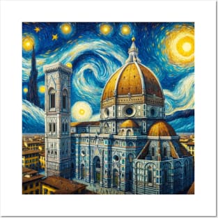 Italy Florence Cathedral Duomo Starry Night - Beautiful Iconic Places Posters and Art